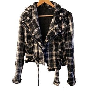 Miss Me Black White Plaid Tweed Motorcycle Front Zip Jacket Size M